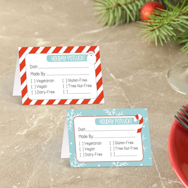 Holiday Potluck Food Tent Cards with Allergy / Food indicators. Potluck party. *INSTANT DOWNLOAD*