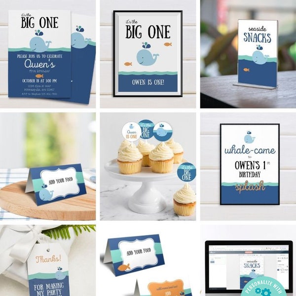 Editable Whale Birthday Printable Set. Whale Birthday Party Printables. Editable Templates in Corjl.