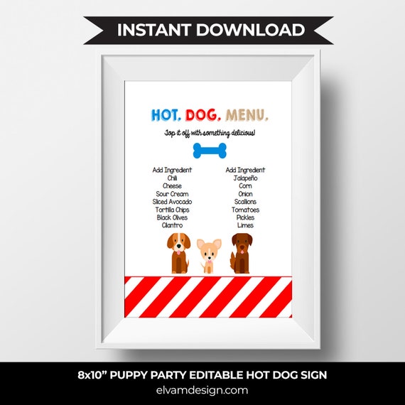 Puppy Party Hot Dog Menu Sign - Puppy Birthday Party Sign. Instant Download + Editable Hot Dog Menu Puppy Party Sign. Il_570xn