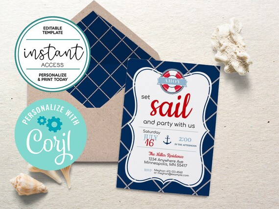 Nautical Party Invite. Editable. Personalize and Print in Corjl. Il_570xn