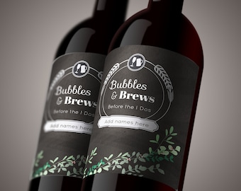 Bubbles & Brews Wine Labels, Editable Wedding Shower (Digital Download)