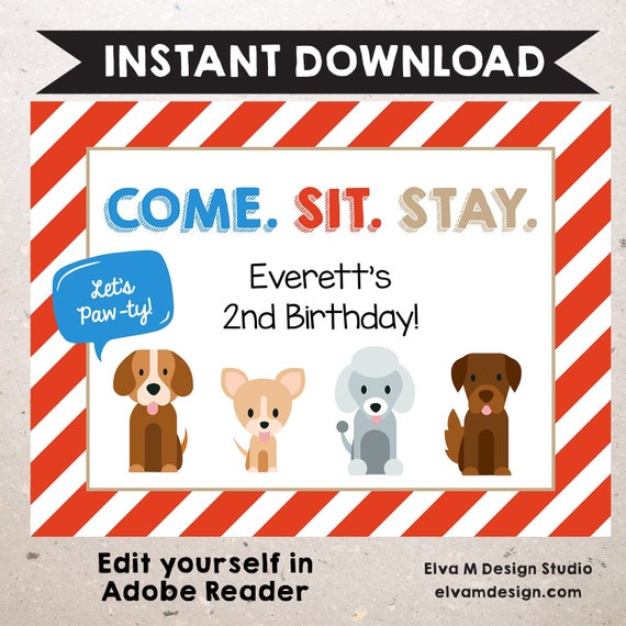 Puppy Party Backdrop - 36x48" Large Backdrop Sign. Instant Download + Edit Yourself Puppy Party Birthday Backdrop. Il_570xn