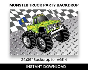 May include: Green monster truck with a chequered flag backdrop and the number 4 on the flag. The truck is on a silver metal background. 24x36" Backdrop for AGE 4. INSTANT DOWNLOAD.