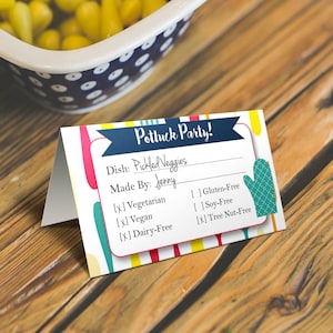 Tarjetas de tienda de campaña de comida para dietas especiales con indicadores de alergias/alimentos. Fiesta compartida. *DESCARGA INSTANTÁNEA*