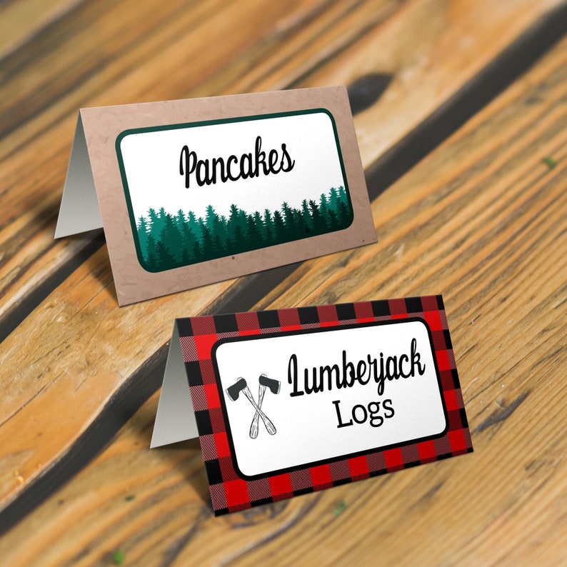 Lumberjack Food Tent Cards. Lumberjack Place Cards. Buffalo Plaid and Trees Food Tent. Personalize and Print in Corjl. image 1