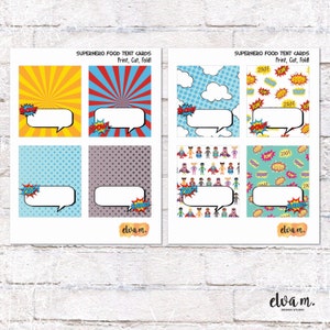 May include: Printable superhero food tent cards with different comic book themed designs. The cards have speech bubbles for writing names. The text on the cards reads "SUPERHERO FOOD TENT CARDS Print, Cut, Fold!" and "elvam."