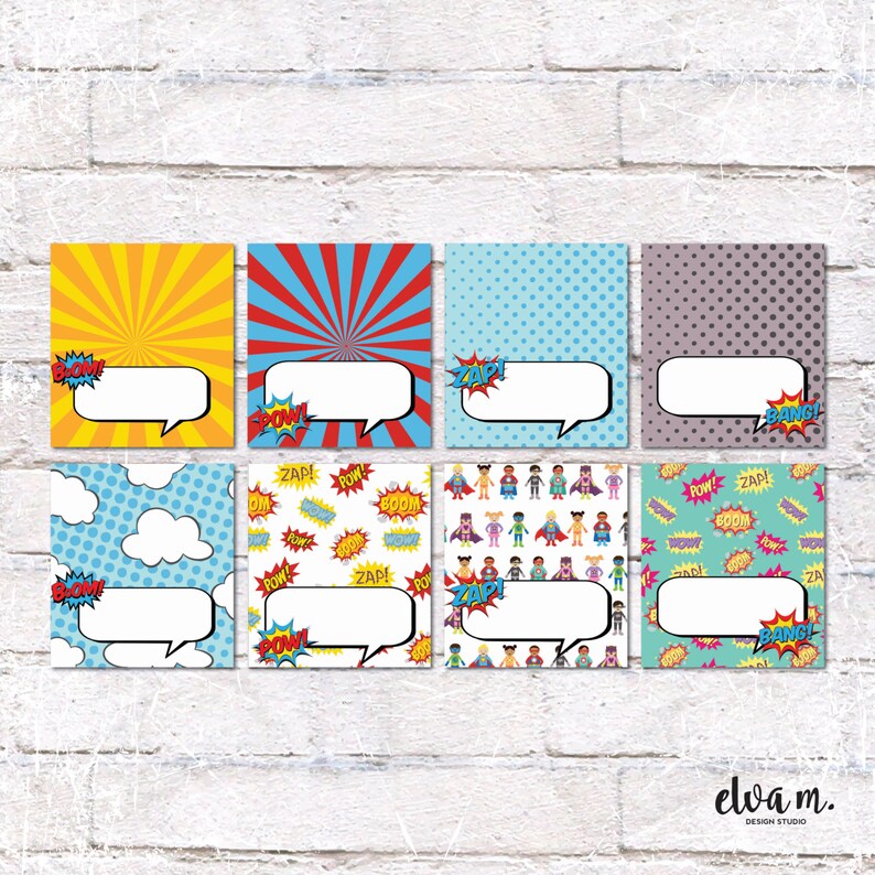 May include: Eight printable superhero themed gift tags with speech bubbles and different comic book patterns. The tags feature words like "Zap!" "Pow!" "Boom!" and "Bang!"