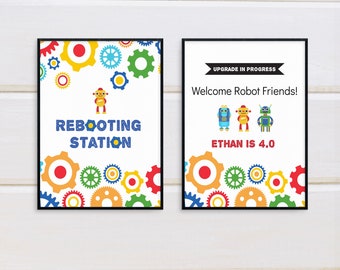 Editable Robot Party Signs. 8x10" Robot Birthday Party Signs. Editable Template in Corjl.