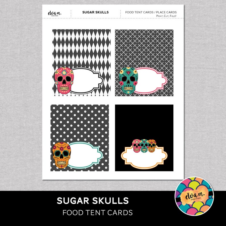Sugar Skulls Place Cards *INSTANT DOWNLOAD* Halloween Party Decor Sugar Skulls Food Tent Cards Dia de los Muertos