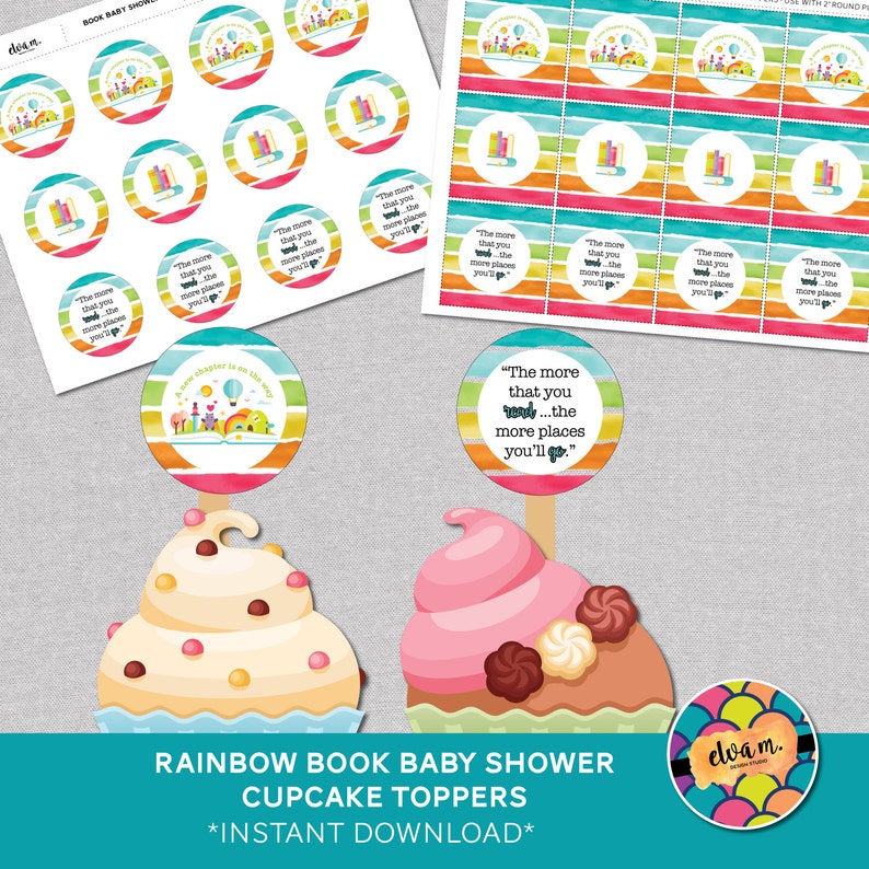 Cupcake Toppers for Rainbow Book Theme Baby Shower Printable DIY Party Circles *DIGITAL DOWNLOAD*