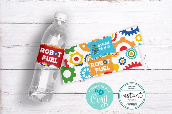 Editable Robot Bottle Wraps. Robot Birthday Party Water Bottle Labels. Robot Birthday Party. Editable Template in Corjl. Il_570xn