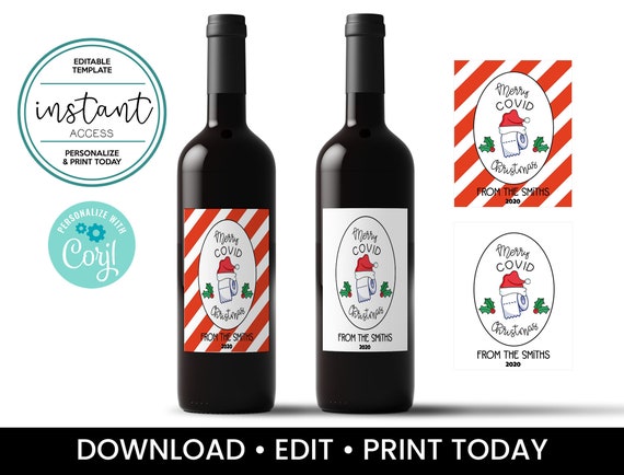 Merry COVID Christmas Wine Label Set. Printable Christmas wine labels. Editable Template in Corjl. Il_570xn