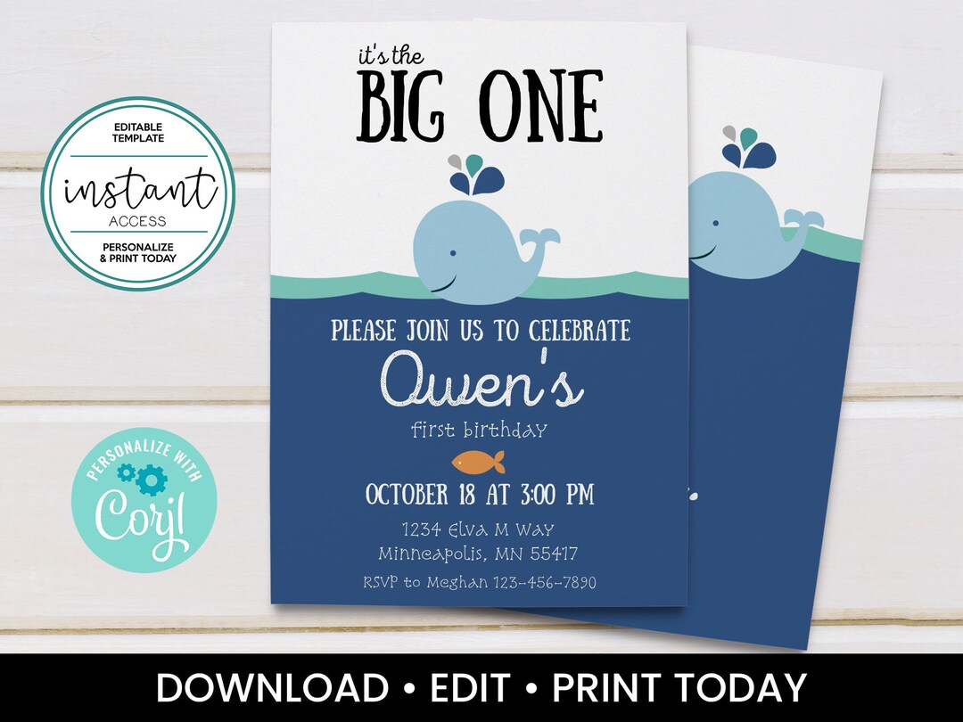 Whale Birthday Invitation. Editable Whale Party Invitation. Etsy