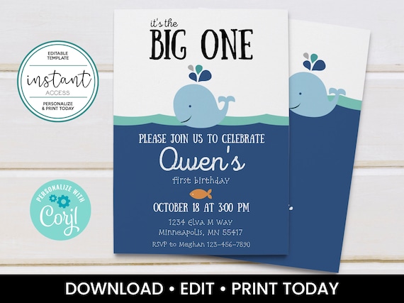 Whale Birthday invitation. Editable Whale Party Invitation. Whale First Birthday Invite. Editable Template in Corjl. Il_570xn