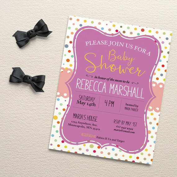 Polka Dot Baby Shower Invitation In Purple And Pink Custom Etsy