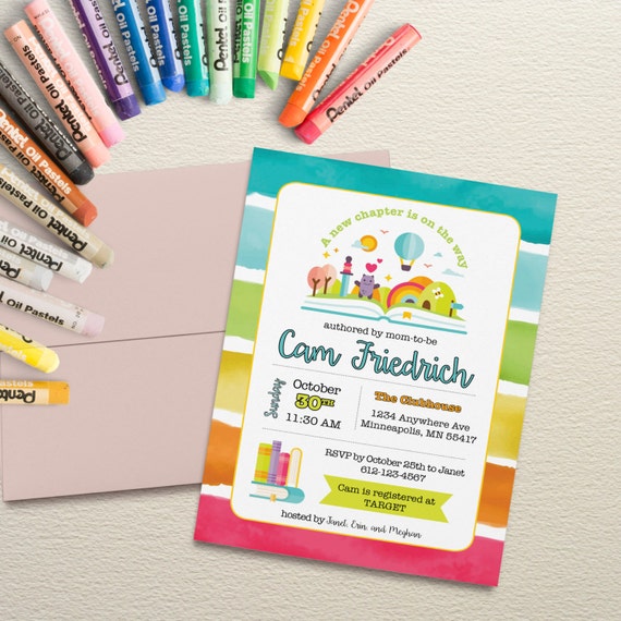 Book Baby Shower Invitation with rainbow colors. Rainbow Book Theme Baby Shower. Personalized - Digital / Printable File Il_570xn