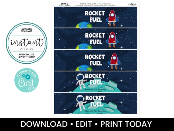 Space Birthday Bottle Wrap Set. Printable Space Bottle Wrap labels. Editable Template in Corjl. Il_570xn