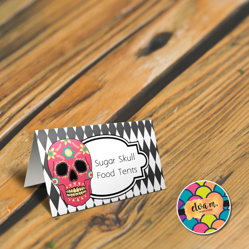 Sugar Skulls Place Cards *INSTANT DOWNLOAD* Halloween Party Decor Sugar Skulls Food Tent Cards Dia de los Muertos