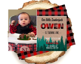 Lumberjack Birthday Invitation with Photo. Buffalo Plaid and Trees Birthday Invitation. Personalize in Corjl.