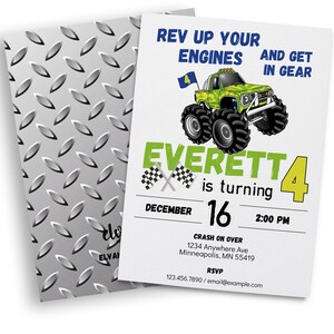 Monster Truck Party Invitation. Monster Truck Birthday. Editable Template in Corjl.