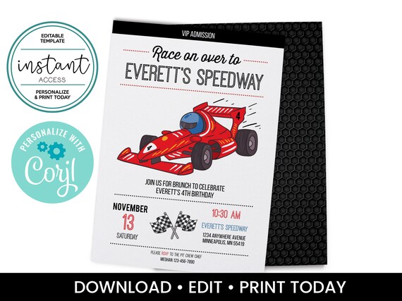 Race Car Birthday Invitation. Kids Birthday Party. Race Car Party. Personalize and Print in Corjl. Il_570xn