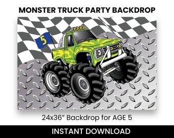 May include: Green and yellow monster truck with a chequered flag backdrop. The truck has large tyres and a number 5 on the side. The backdrop is 24x36 inches and says "Backdrop for AGE 5".