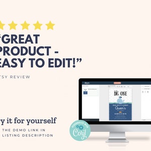May include: A computer monitor displays a customizable invitation template with the text "BIG ONE" and "Owen's". The image includes the text "GREAT PRODUCT - EASY TO EDIT!" and "Try it for yourself". The Etsy review is highlighted with five gold stars.