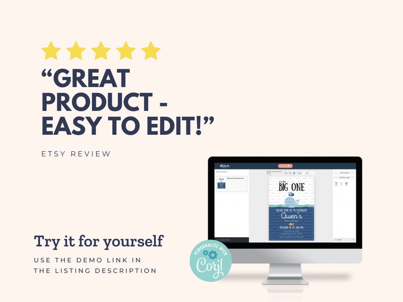 May include: A computer monitor displays a customizable invitation template with the text "BIG ONE" and "Owen's". The image includes the text "GREAT PRODUCT - EASY TO EDIT!" and "Try it for yourself". The Etsy review is highlighted with five gold stars.