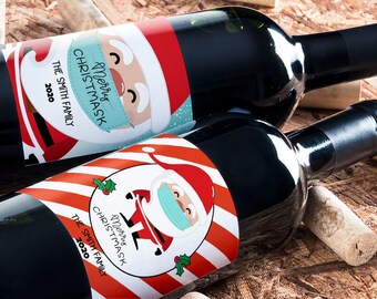 Merry Christmask Wine Label Set. Printable Christmas wine labels. 2020 Christmas Wine Labels. Covid wine labels. Editable Template in Corjl.