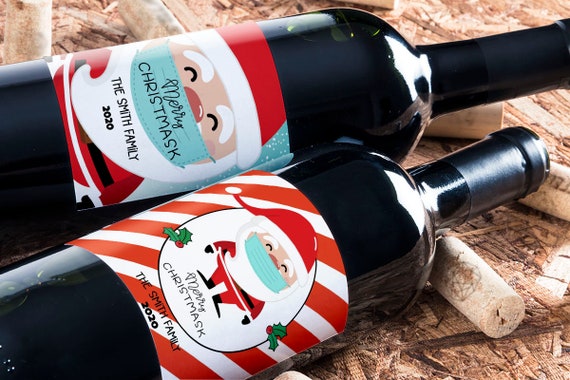 Merry Christmask Wine Label Set. Printable Christmas wine labels. 2020 Christmas Wine Labels. Covid wine labels. Editable Template in Corjl. Il_570xn