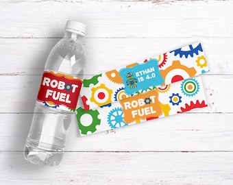 Robot Birthday Water Bottle Labels (Editable Corjl Template)