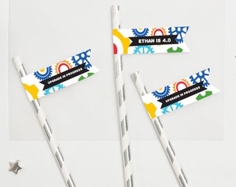 Robot Birthday Straw Flags. Editable. Personalize and Print in Corjl. Instant Download.