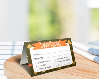 Thanksgiving Potluck Food Tent Cards with Allergy / Food indicators. Thanksgiving Potluck party. *INSTANT DOWNLOAD*