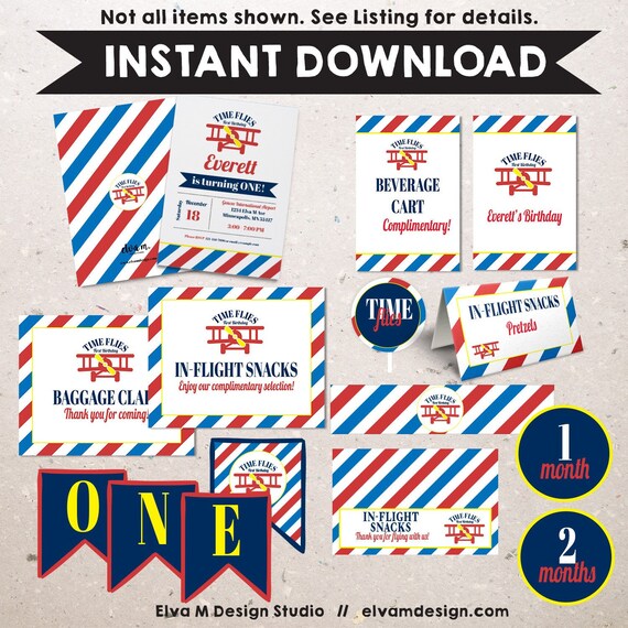 Time Flies First Birthday Party Package - Invite, Signs, Food Labels, and More. Instant Download + Editable. Time Flies Printable Set. Il_570xn