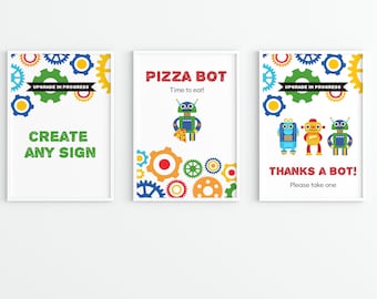 Editable Robot Party Signs. 4x6" Robot Party Signs. Robot Birthday. Editable Template in Corjl.