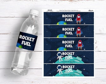 Space Birthday Bottle Wrap Set. Printable Space Bottle Wrap labels. Editable Template in Corjl.