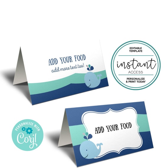 Editable Whale Food Tent Cards or Place Card. Whale Birthday. Editable Template in Corjl. Il_570xn