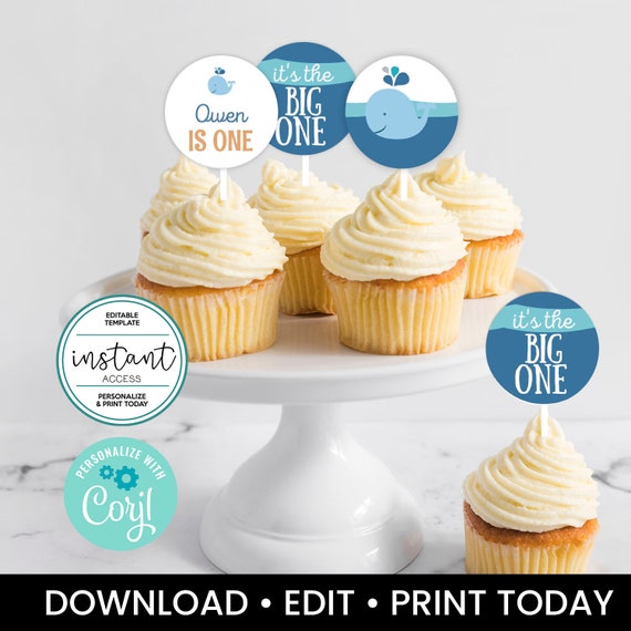Editable Whale Cupcake Toppers. Whale Birthday. Editable Template in Corjl. Il_570xn