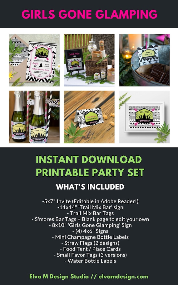 Glamping Party Printable Set. Girls Gone Glamping Party Set for Birthdays, Bachelorette, Bridal Shower, Girls Night In. *INSTANT DOWNLOAD* Il_570xn