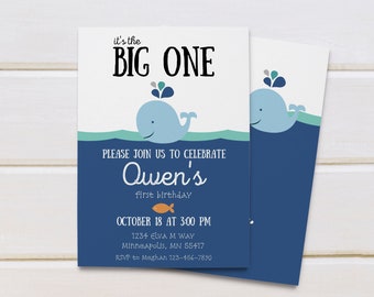 Whale First Birthday Invitation, Editable Template (Corjl Template)