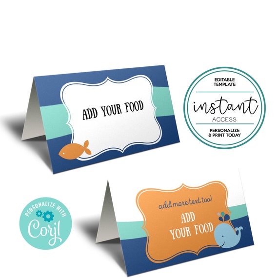 Editable Whale Food Tent Cards or Place Card. Whale Birthday. Editable Template in Corjl. Il_570xn