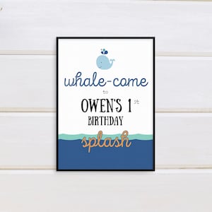 Editable 8x10&quot; Whale Party Sign Template in 2 designs. Whale First Birthday. Whale Party Printables. Editable Template in Corjl.