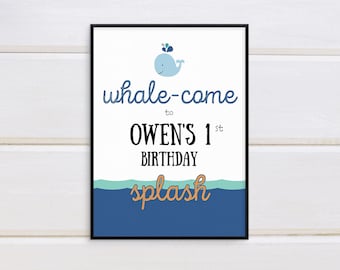 Editable 8x10" Whale Party Sign Template in 2 designs. Whale First Birthday. Whale Party Printables. Editable Template in Corjl.