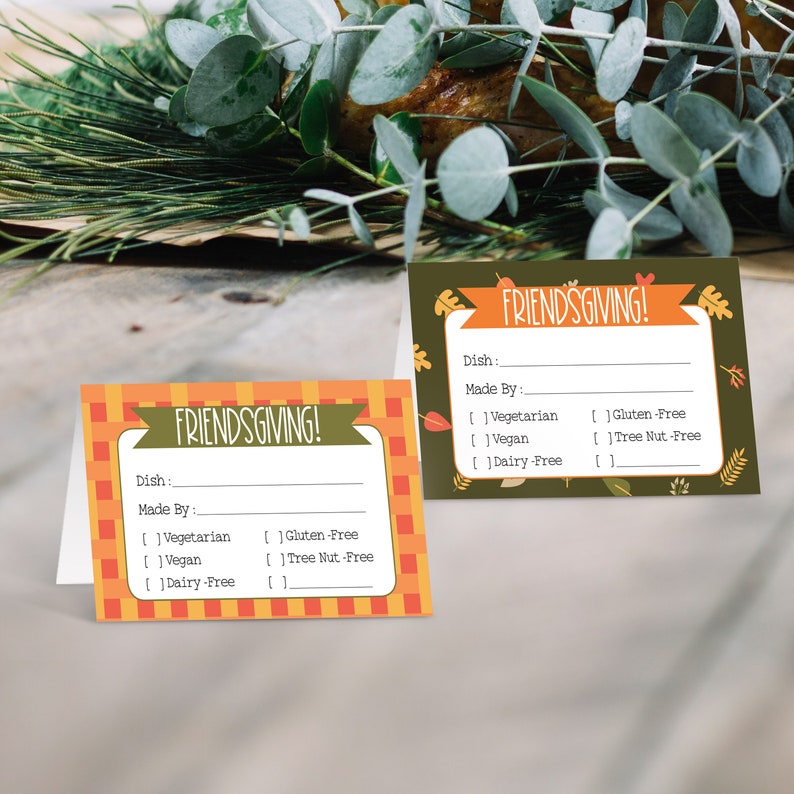 Friendsgiving Potluck Food Tent Cards with Allergy / Food indicators. Thanksgiving Potluck party. INSTANT DOWNLOAD image 1