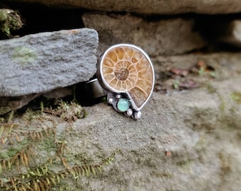 May include: A silver ring featuring a fossilized ammonite with a green gemstone accent.