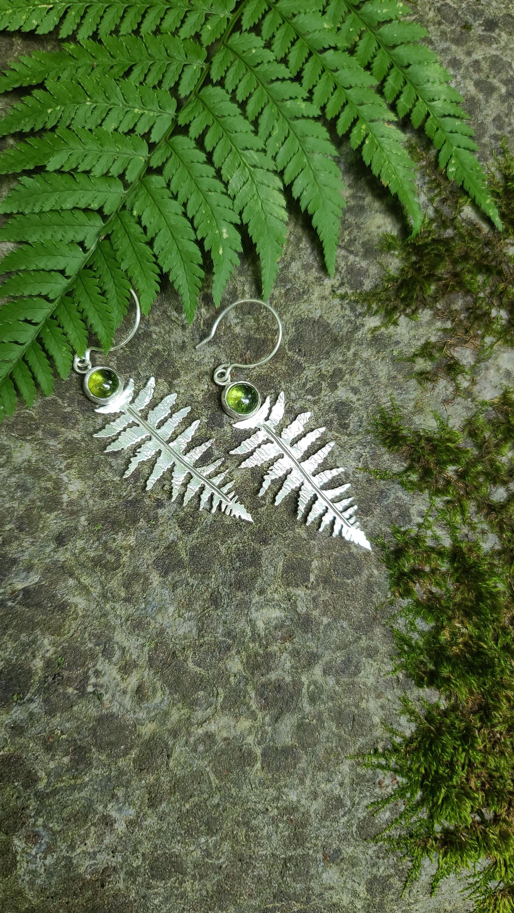 Sterling Silver Fern & Peridot Earrings / Artisan Plant Earrings /Fern Jewelry/ Leaf Earrings/ Nature Jewelry