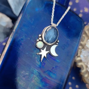 Kyanite & Opal North Star Pendant, Moon and Stars Necklace, Celestial Necklace, Gemstone Necklace, Blue Kyanite Jewelry, Artisan Jewelry