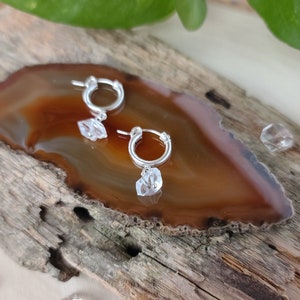 Dainty Herkimer Diamond Earrings/Huggie  Hoops/  Silver mini hoops/ Raw Diamond Hoop Earrings/April Birthstone/ Gemstone Hoop Earrings