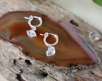 Dainty Herkimer Diamond Earrings/Huggie  Hoops/  Silver mini hoops/ Raw Diamond Hoop Earrings/April Birthstone/ Gemstone Hoop Earrings