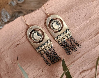 Gold Tone Moon Dangle Earrings, Brass Boho Earrings, Celestial Jewelry